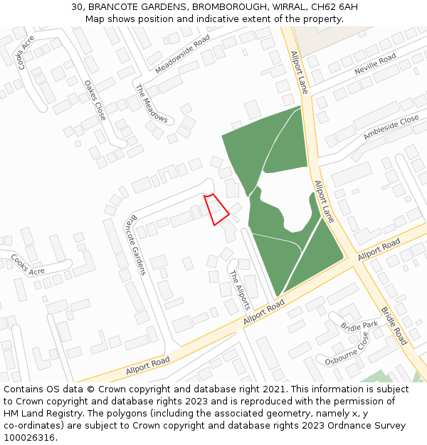 30, BRANCOTE GARDENS, BROMBOROUGH, WIRRAL, CH62 6AH: Location map and indicative extent of plot