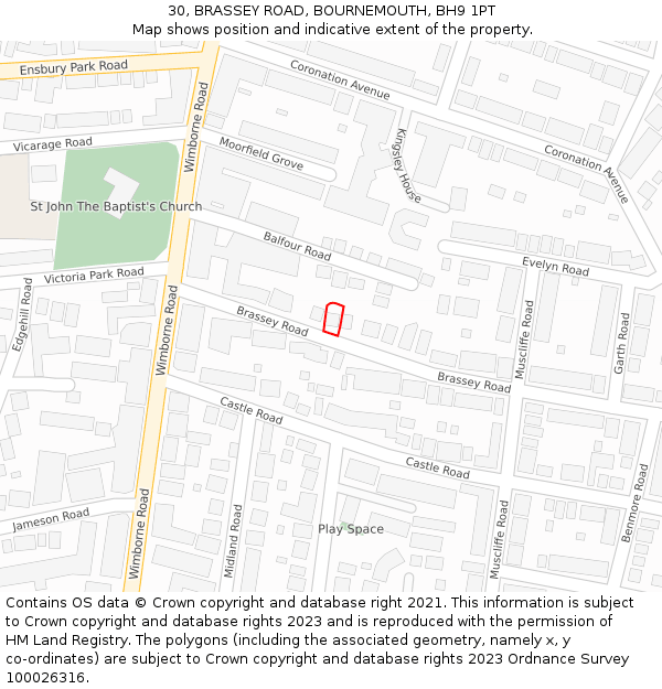 30, BRASSEY ROAD, BOURNEMOUTH, BH9 1PT: Location map and indicative extent of plot
