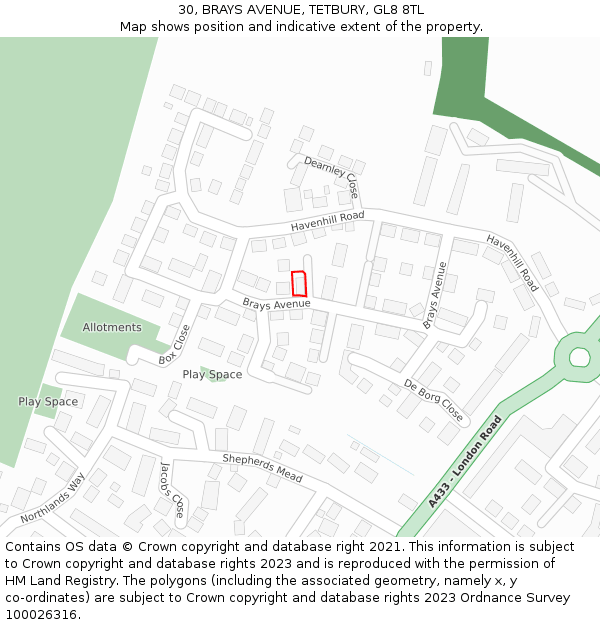 30, BRAYS AVENUE, TETBURY, GL8 8TL: Location map and indicative extent of plot