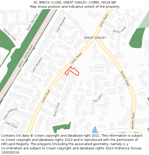 30, BRECK CLOSE, GREAT OAKLEY, CORBY, NN18 8JR: Location map and indicative extent of plot