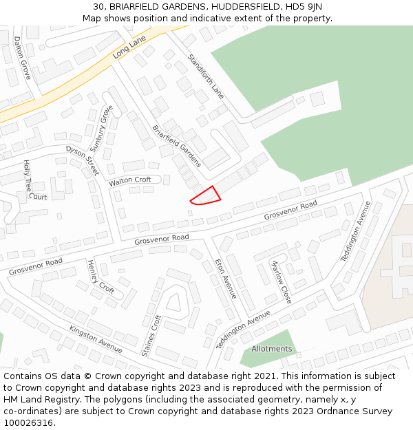 30, BRIARFIELD GARDENS, HUDDERSFIELD, HD5 9JN: Location map and indicative extent of plot