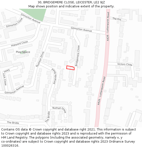 30, BRIDGEMERE CLOSE, LEICESTER, LE2 9JZ: Location map and indicative extent of plot