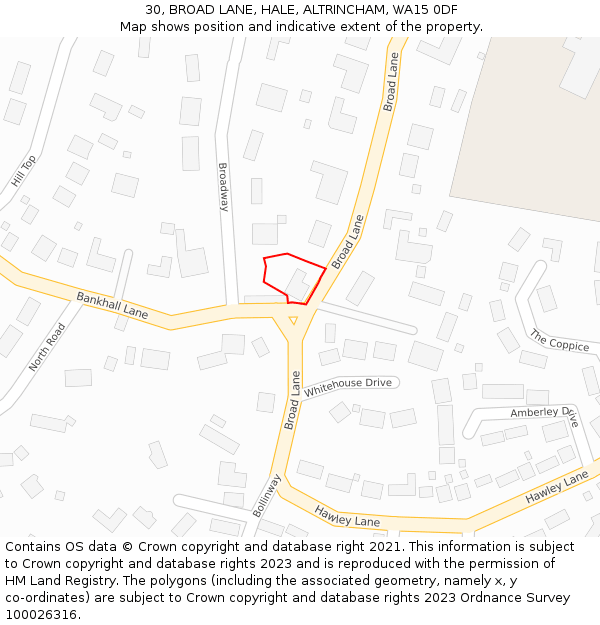 30, BROAD LANE, HALE, ALTRINCHAM, WA15 0DF: Location map and indicative extent of plot