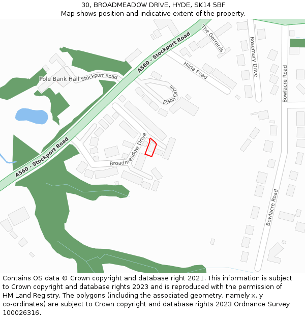 30, BROADMEADOW DRIVE, HYDE, SK14 5BF: Location map and indicative extent of plot