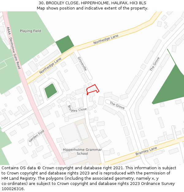 30, BRODLEY CLOSE, HIPPERHOLME, HALIFAX, HX3 8LS: Location map and indicative extent of plot