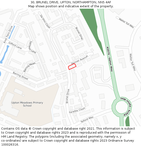 30, BRUNEL DRIVE, UPTON, NORTHAMPTON, NN5 4AF: Location map and indicative extent of plot