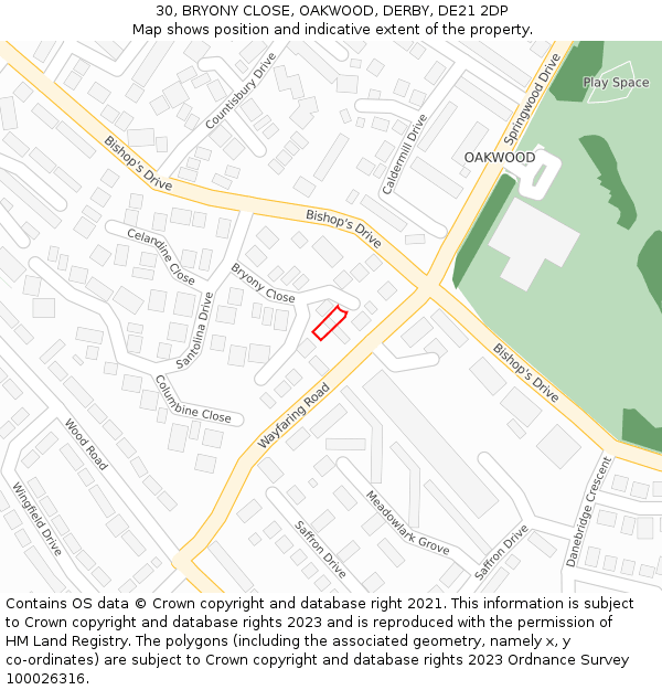 30, BRYONY CLOSE, OAKWOOD, DERBY, DE21 2DP: Location map and indicative extent of plot