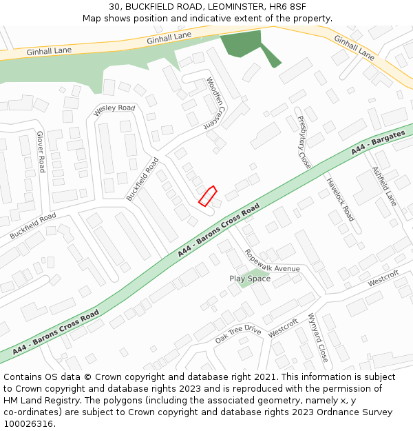 30, BUCKFIELD ROAD, LEOMINSTER, HR6 8SF: Location map and indicative extent of plot
