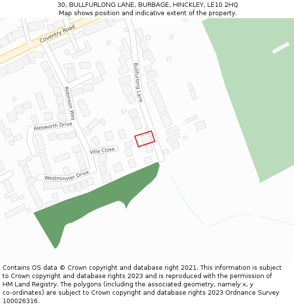 30, BULLFURLONG LANE, BURBAGE, HINCKLEY, LE10 2HQ: Location map and indicative extent of plot