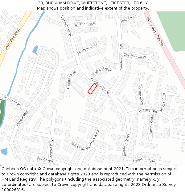 30, BURNHAM DRIVE, WHETSTONE, LEICESTER, LE8 6HY: Location map and indicative extent of plot