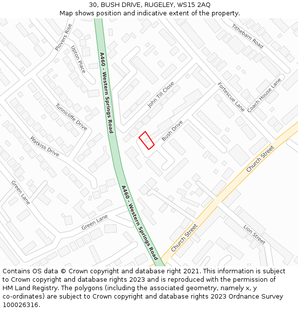 30, BUSH DRIVE, RUGELEY, WS15 2AQ: Location map and indicative extent of plot