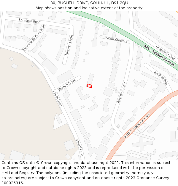 30, BUSHELL DRIVE, SOLIHULL, B91 2QU: Location map and indicative extent of plot