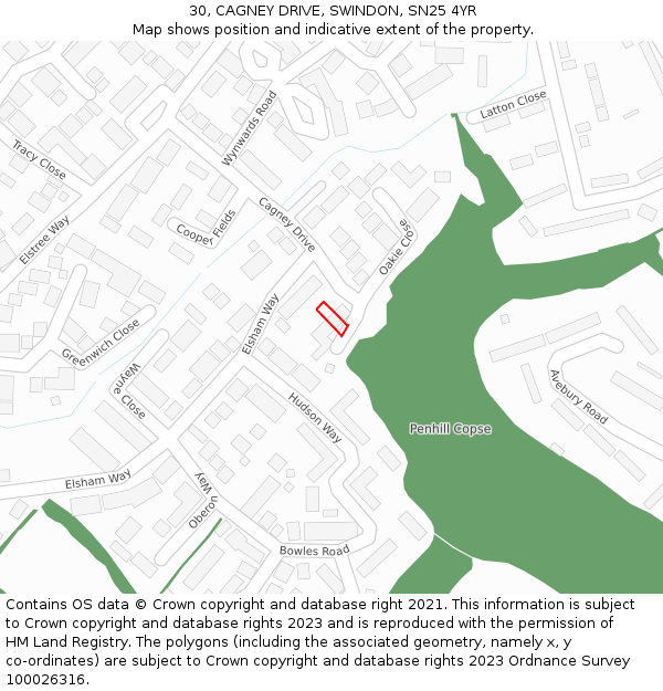30, CAGNEY DRIVE, SWINDON, SN25 4YR: Location map and indicative extent of plot