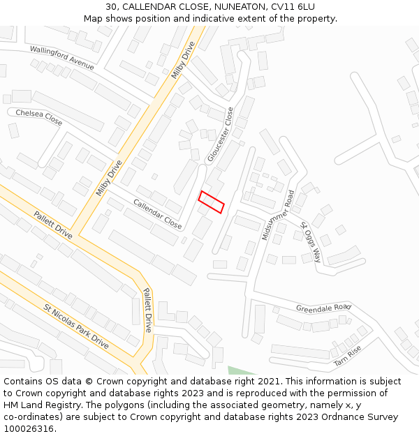 30, CALLENDAR CLOSE, NUNEATON, CV11 6LU: Location map and indicative extent of plot