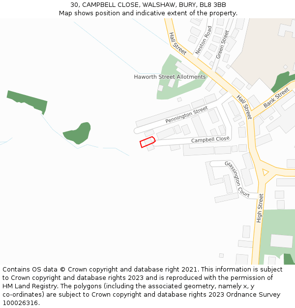 30, CAMPBELL CLOSE, WALSHAW, BURY, BL8 3BB: Location map and indicative extent of plot