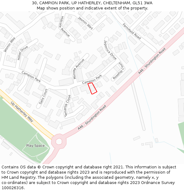 30, CAMPION PARK, UP HATHERLEY, CHELTENHAM, GL51 3WA: Location map and indicative extent of plot