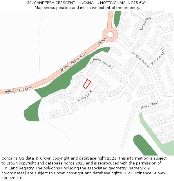 30, CANBERRA CRESCENT, HUCKNALL, NOTTINGHAM, NG15 6WH: Location map and indicative extent of plot