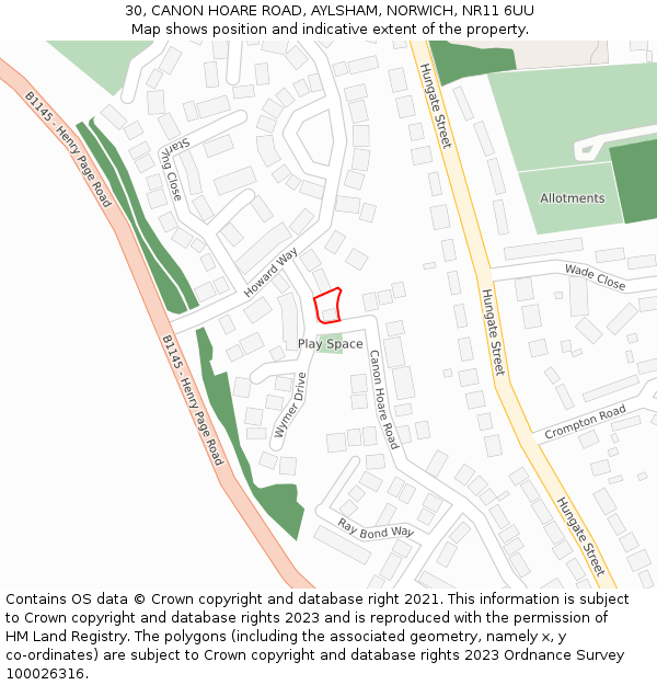 30, CANON HOARE ROAD, AYLSHAM, NORWICH, NR11 6UU: Location map and indicative extent of plot