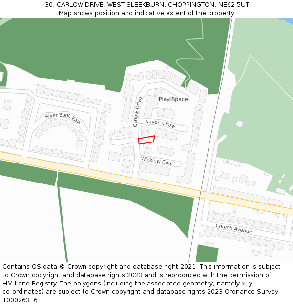 30, CARLOW DRIVE, WEST SLEEKBURN, CHOPPINGTON, NE62 5UT: Location map and indicative extent of plot