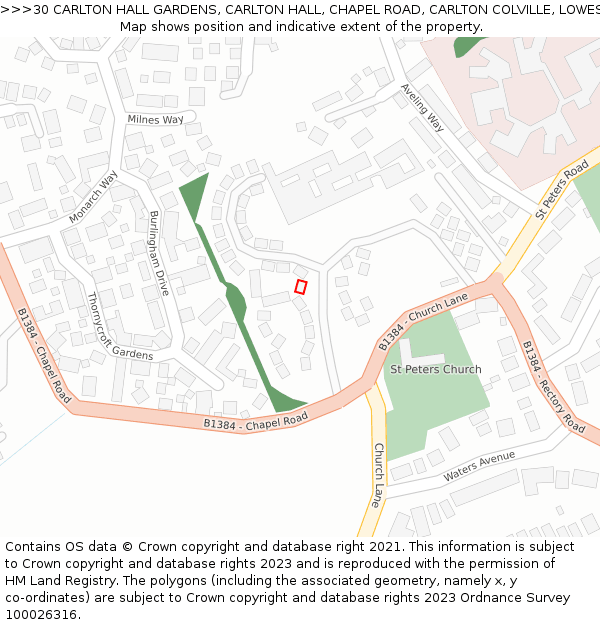30 CARLTON HALL GARDENS, CARLTON HALL, CHAPEL ROAD, CARLTON COLVILLE, LOWESTOFT, NR33 8BL: Location map and indicative extent of plot