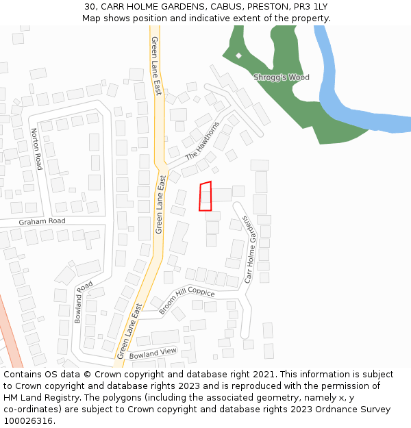 30, CARR HOLME GARDENS, CABUS, PRESTON, PR3 1LY: Location map and indicative extent of plot