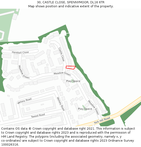 30, CASTLE CLOSE, SPENNYMOOR, DL16 6TR: Location map and indicative extent of plot
