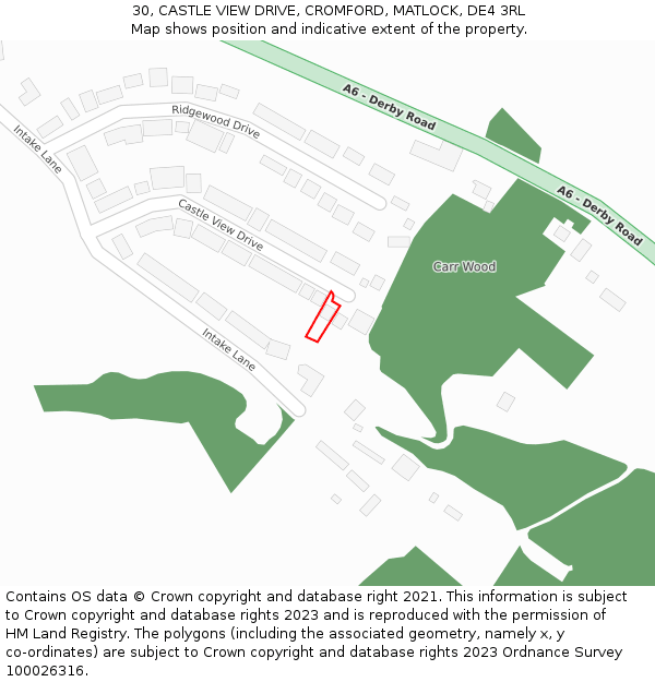 30, CASTLE VIEW DRIVE, CROMFORD, MATLOCK, DE4 3RL: Location map and indicative extent of plot