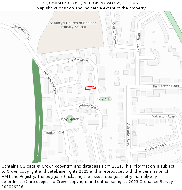 30, CAVALRY CLOSE, MELTON MOWBRAY, LE13 0SZ: Location map and indicative extent of plot