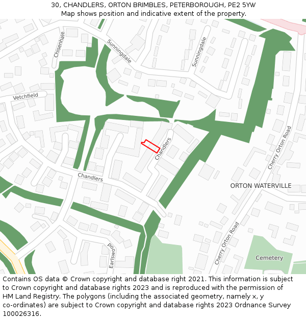 30, CHANDLERS, ORTON BRIMBLES, PETERBOROUGH, PE2 5YW: Location map and indicative extent of plot