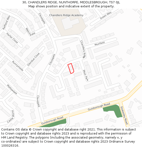 30, CHANDLERS RIDGE, NUNTHORPE, MIDDLESBROUGH, TS7 0JL: Location map and indicative extent of plot
