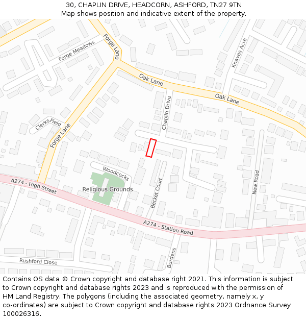 30, CHAPLIN DRIVE, HEADCORN, ASHFORD, TN27 9TN: Location map and indicative extent of plot