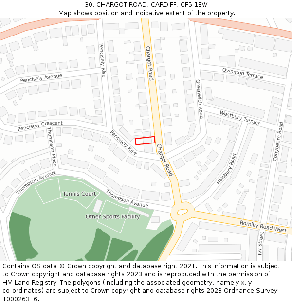 30, CHARGOT ROAD, CARDIFF, CF5 1EW: Location map and indicative extent of plot