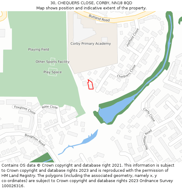 30, CHEQUERS CLOSE, CORBY, NN18 8QD: Location map and indicative extent of plot
