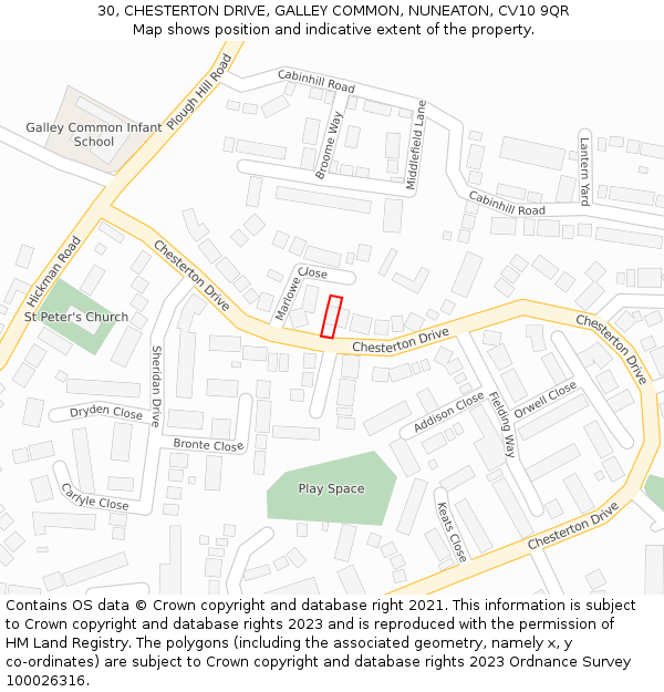 30, CHESTERTON DRIVE, GALLEY COMMON, NUNEATON, CV10 9QR: Location map and indicative extent of plot
