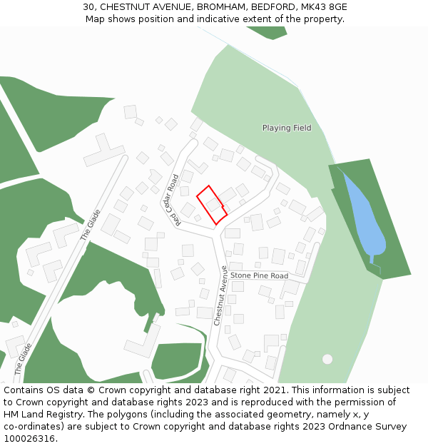 30, CHESTNUT AVENUE, BROMHAM, BEDFORD, MK43 8GE: Location map and indicative extent of plot