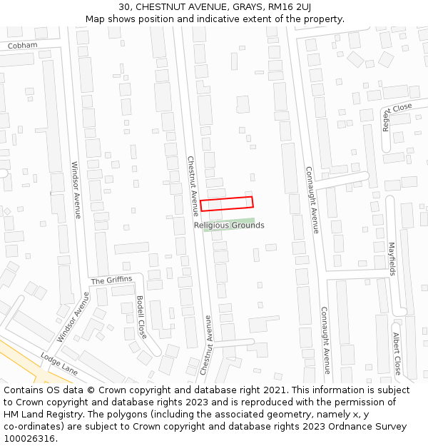 30, CHESTNUT AVENUE, GRAYS, RM16 2UJ: Location map and indicative extent of plot