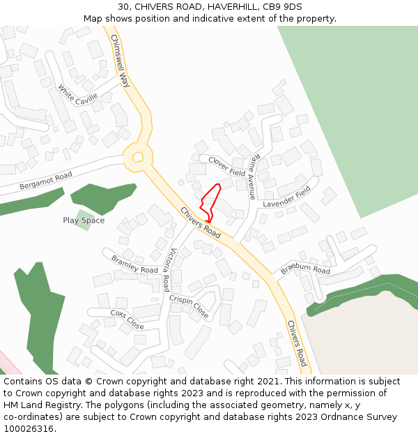 30, CHIVERS ROAD, HAVERHILL, CB9 9DS: Location map and indicative extent of plot