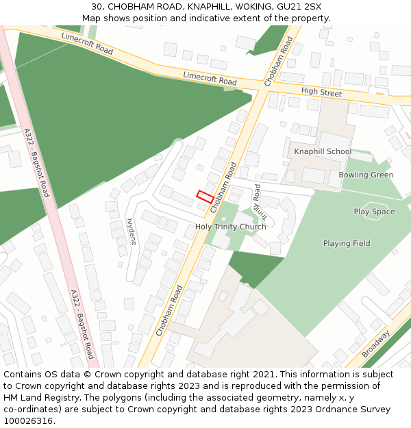 30, CHOBHAM ROAD, KNAPHILL, WOKING, GU21 2SX: Location map and indicative extent of plot