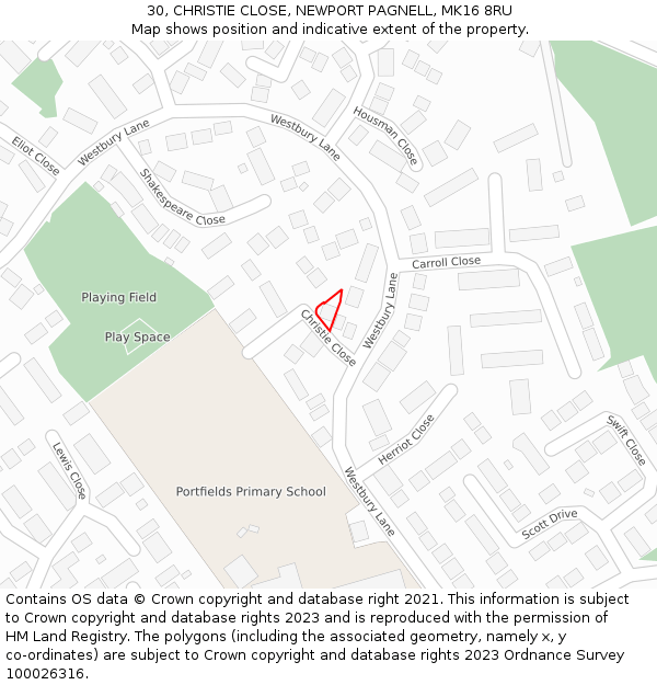 30, CHRISTIE CLOSE, NEWPORT PAGNELL, MK16 8RU: Location map and indicative extent of plot