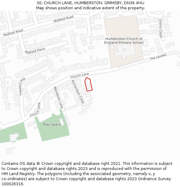 30, CHURCH LANE, HUMBERSTON, GRIMSBY, DN36 4HU: Location map and indicative extent of plot