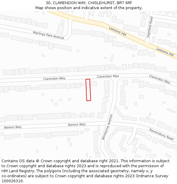 30, CLARENDON WAY, CHISLEHURST, BR7 6RF: Location map and indicative extent of plot