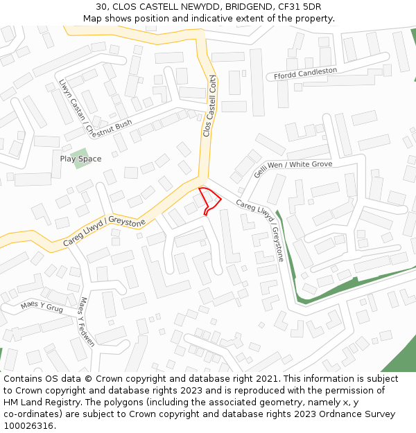 30, CLOS CASTELL NEWYDD, BRIDGEND, CF31 5DR: Location map and indicative extent of plot