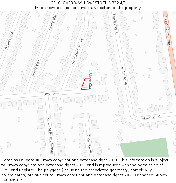 30, CLOVER WAY, LOWESTOFT, NR32 4JT: Location map and indicative extent of plot