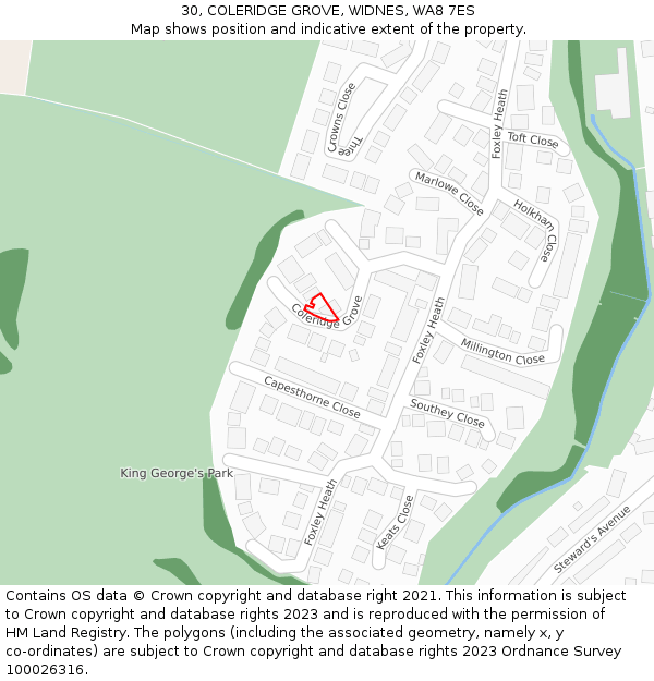 30, COLERIDGE GROVE, WIDNES, WA8 7ES: Location map and indicative extent of plot