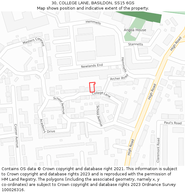 30, COLLEGE LANE, BASILDON, SS15 6GS: Location map and indicative extent of plot