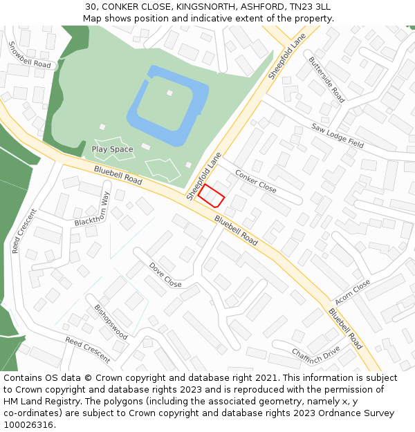 30, CONKER CLOSE, KINGSNORTH, ASHFORD, TN23 3LL: Location map and indicative extent of plot