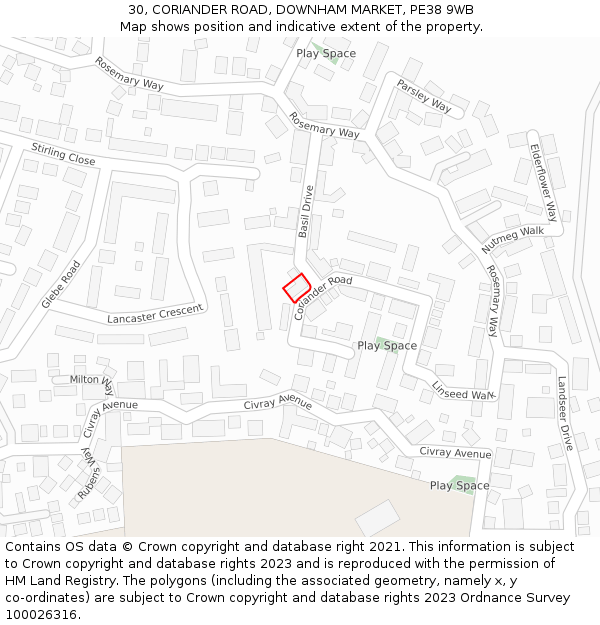 30, CORIANDER ROAD, DOWNHAM MARKET, PE38 9WB: Location map and indicative extent of plot
