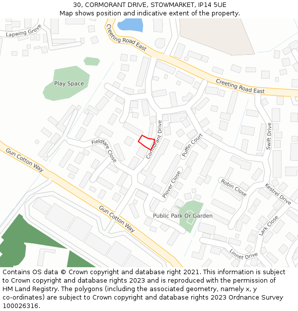 30, CORMORANT DRIVE, STOWMARKET, IP14 5UE: Location map and indicative extent of plot