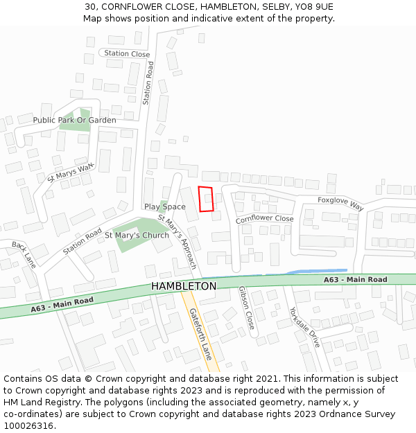 30, CORNFLOWER CLOSE, HAMBLETON, SELBY, YO8 9UE: Location map and indicative extent of plot
