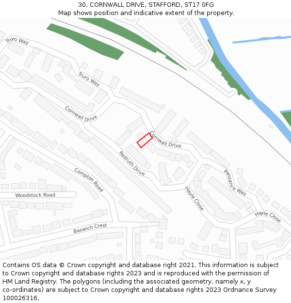 30, CORNWALL DRIVE, STAFFORD, ST17 0FG: Location map and indicative extent of plot